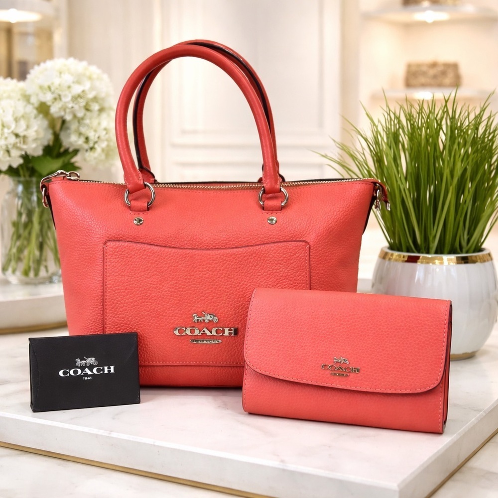 Coach Mini Emma Pink Coral Leather Satchel and‎ Wallet Hand Bag Set